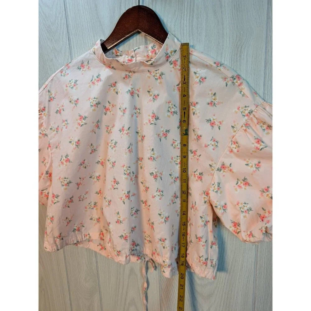 Anthropologie Cropped Bubble Sleeve Blouse Pink Floral Tie Back Medium - Picture 6 of 8